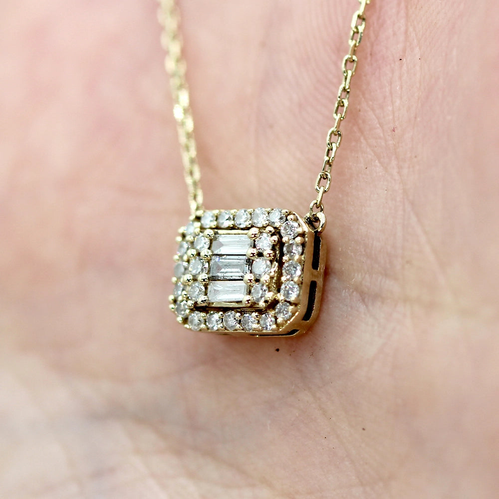 10K Yellow Gold Necklace with Round Brilliant Cut and Baguette Diamonds