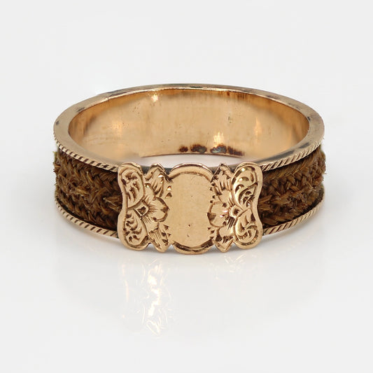 Victorian Hair and 14K Yellow Gold ‘Mourning’ Ring SIZE 7.5