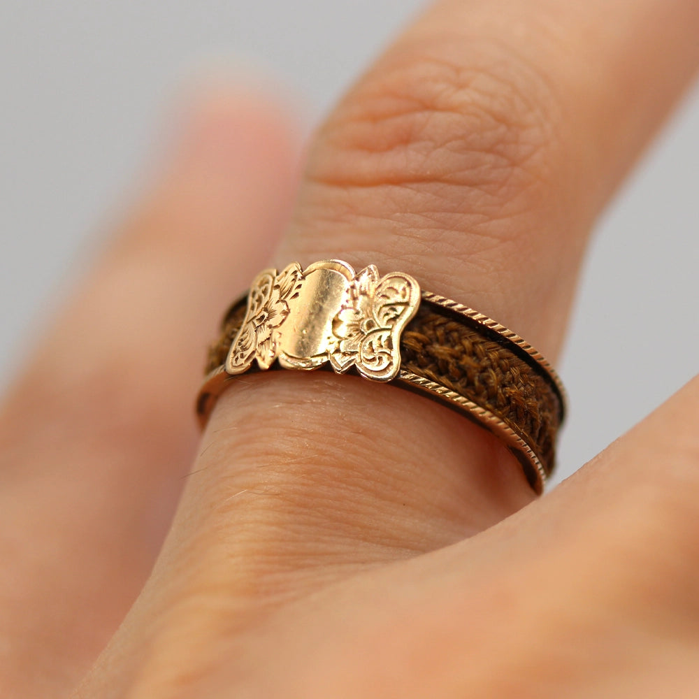 Victorian Hair and 14K Yellow Gold ‘Mourning’ Ring SIZE 7.5