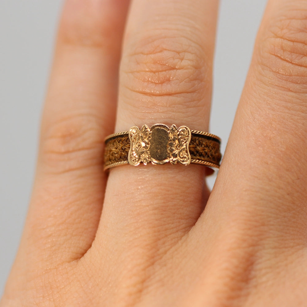 Victorian Hair and 14K Yellow Gold ‘Mourning’ Ring SIZE 7.5