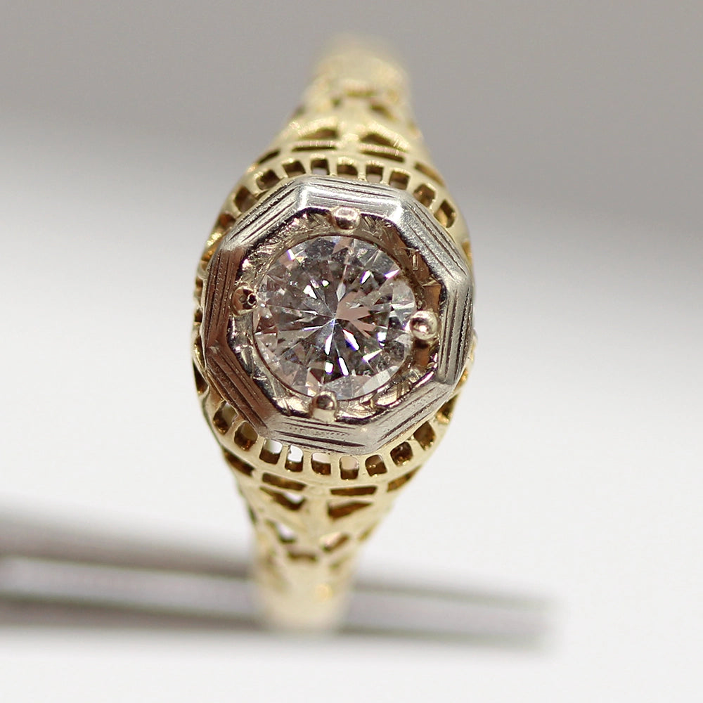 Vintage 14K Yellow Gold and Platinum Diamond Filigree Dome Ring SIZE 7