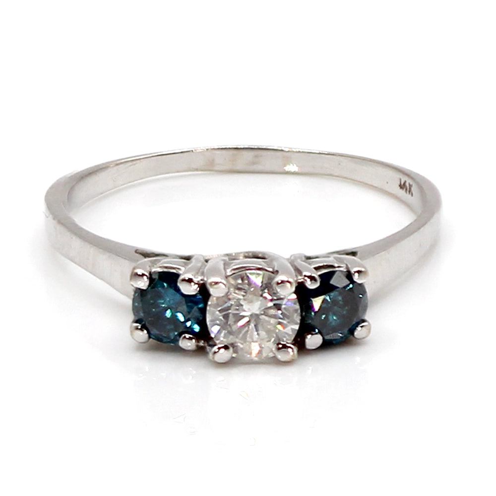 14K White Gold Three Stone White and Blue Diamond Ring Size 7.75