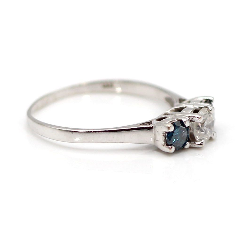 14K White Gold Three Stone White and Blue Diamond Ring Size 7.75