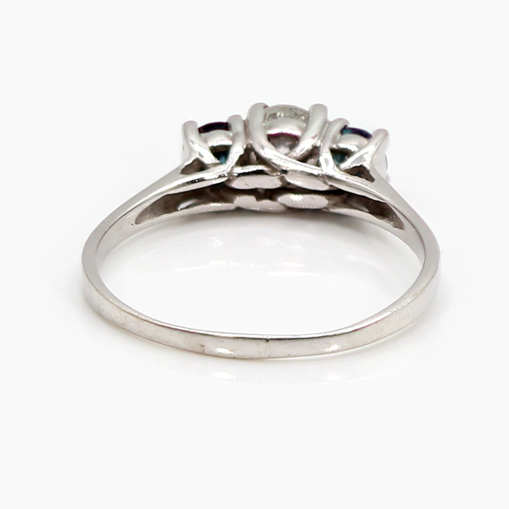 14K White Gold Three Stone White and Blue Diamond Ring Size 7.75