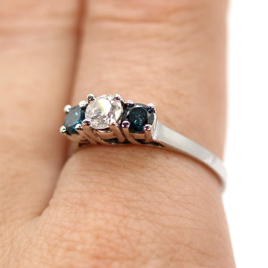 14K White Gold Three Stone White and Blue Diamond Ring Size 7.75