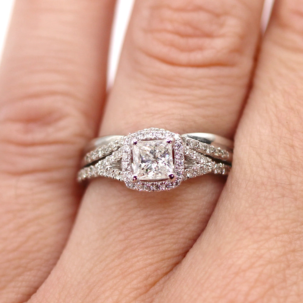 14K White Gold and Princess Cut Diamond Engagement and Wedding Ring Set SIZE 5