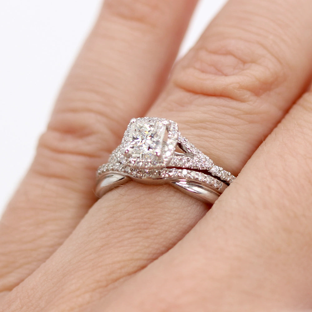 14K White Gold and Princess Cut Diamond Engagement and Wedding Ring Set SIZE 5