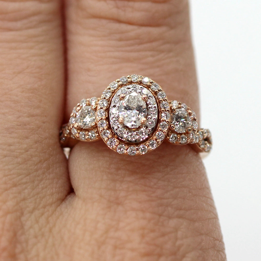 Rose Gold Three Diamond Halo Ring SIZE 6.25