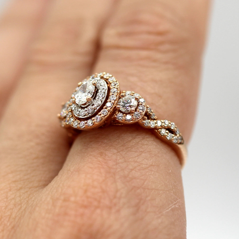 Rose Gold Three Diamond Halo Ring SIZE 6.25
