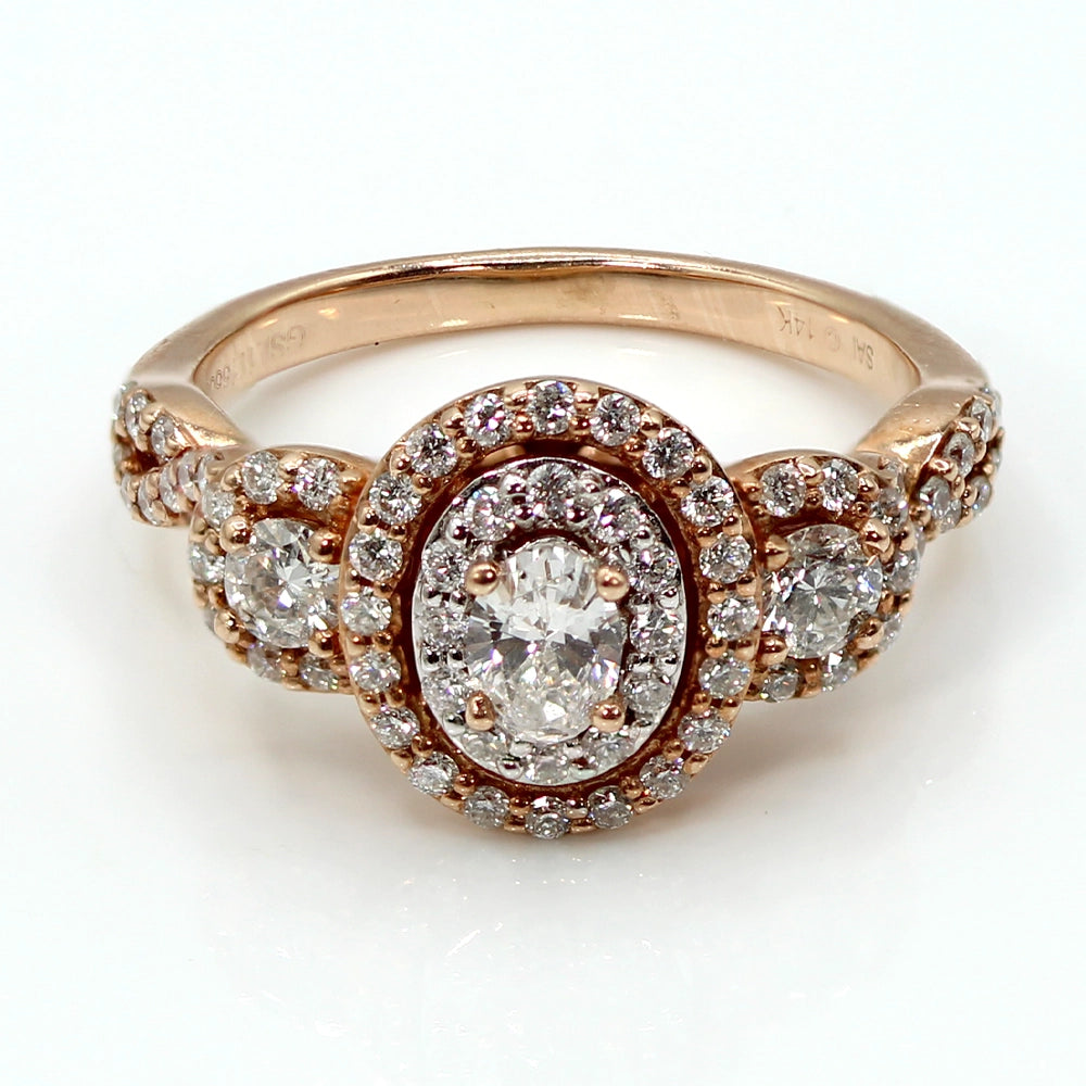 Rose Gold Three Diamond Halo Ring SIZE 6.25