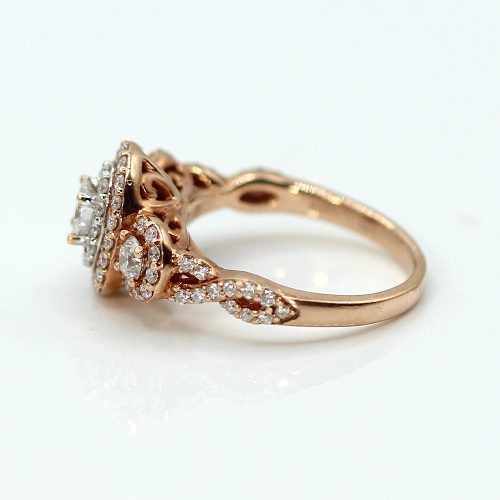 Rose Gold Three Diamond Halo Ring SIZE 6.25