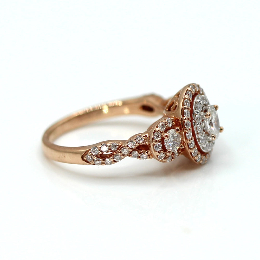 Rose Gold Three Diamond Halo Ring SIZE 6.25