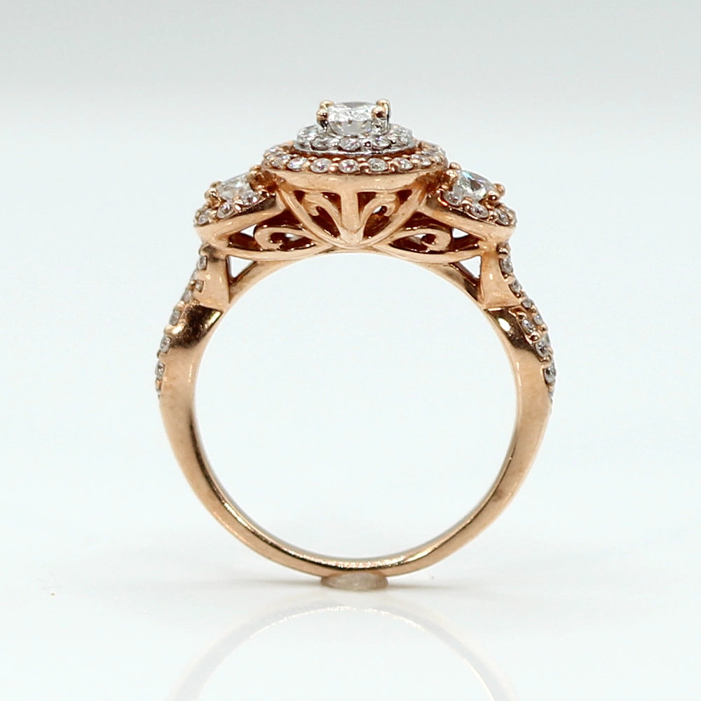 Rose Gold Three Diamond Halo Ring SIZE 6.25