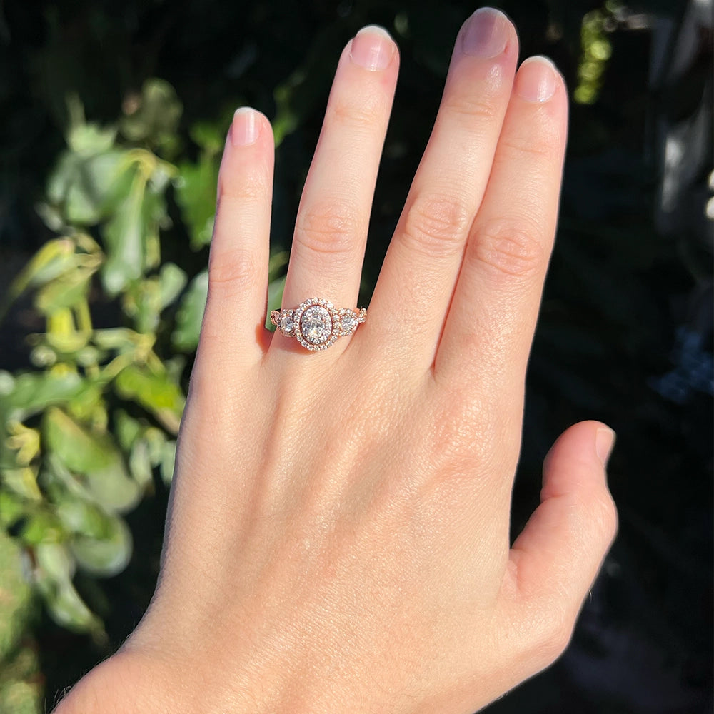 Rose Gold Three Diamond Halo Ring SIZE 6.25