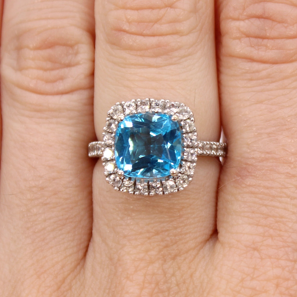 14K White Gold Swiss Blue Topaz Halo Ring SIZE 6.25