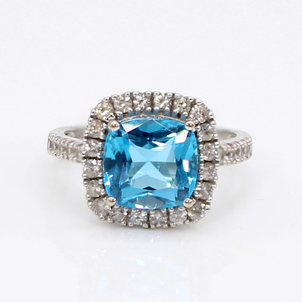 14K White Gold Swiss Blue Topaz Halo Ring SIZE 6.25