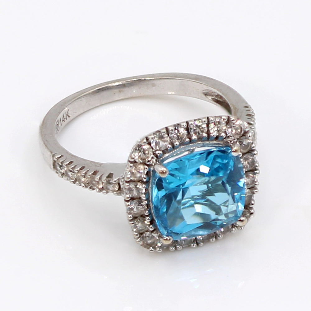 14K White Gold Swiss Blue Topaz Halo Ring SIZE 6.25