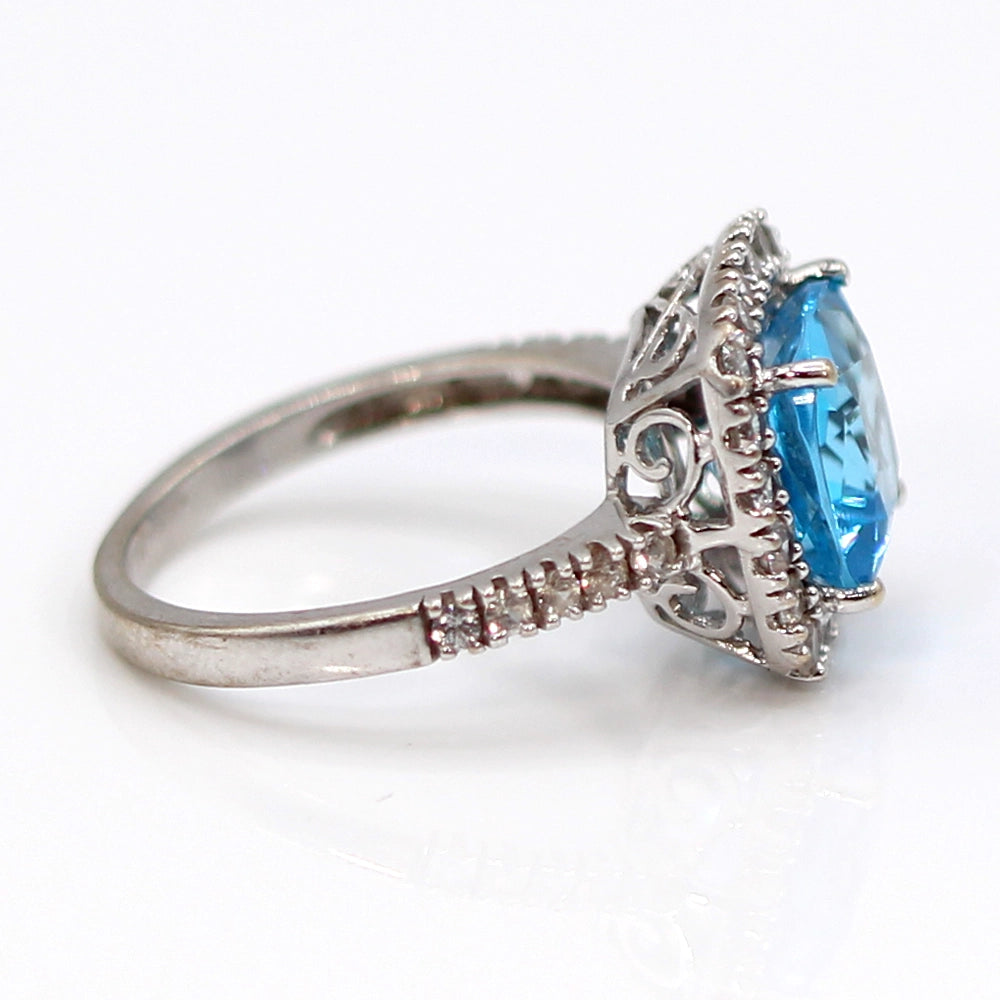 14K White Gold Swiss Blue Topaz Halo Ring SIZE 6.25