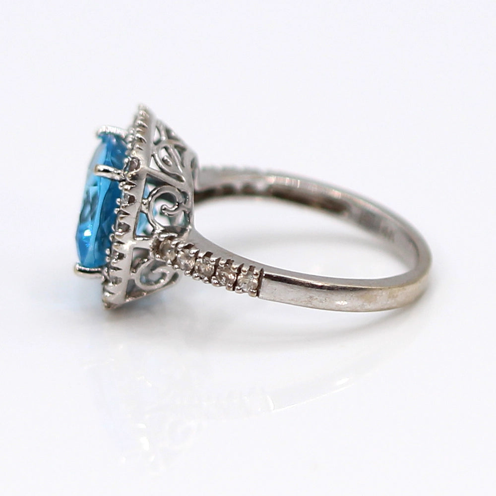 14K White Gold Swiss Blue Topaz Halo Ring SIZE 6.25