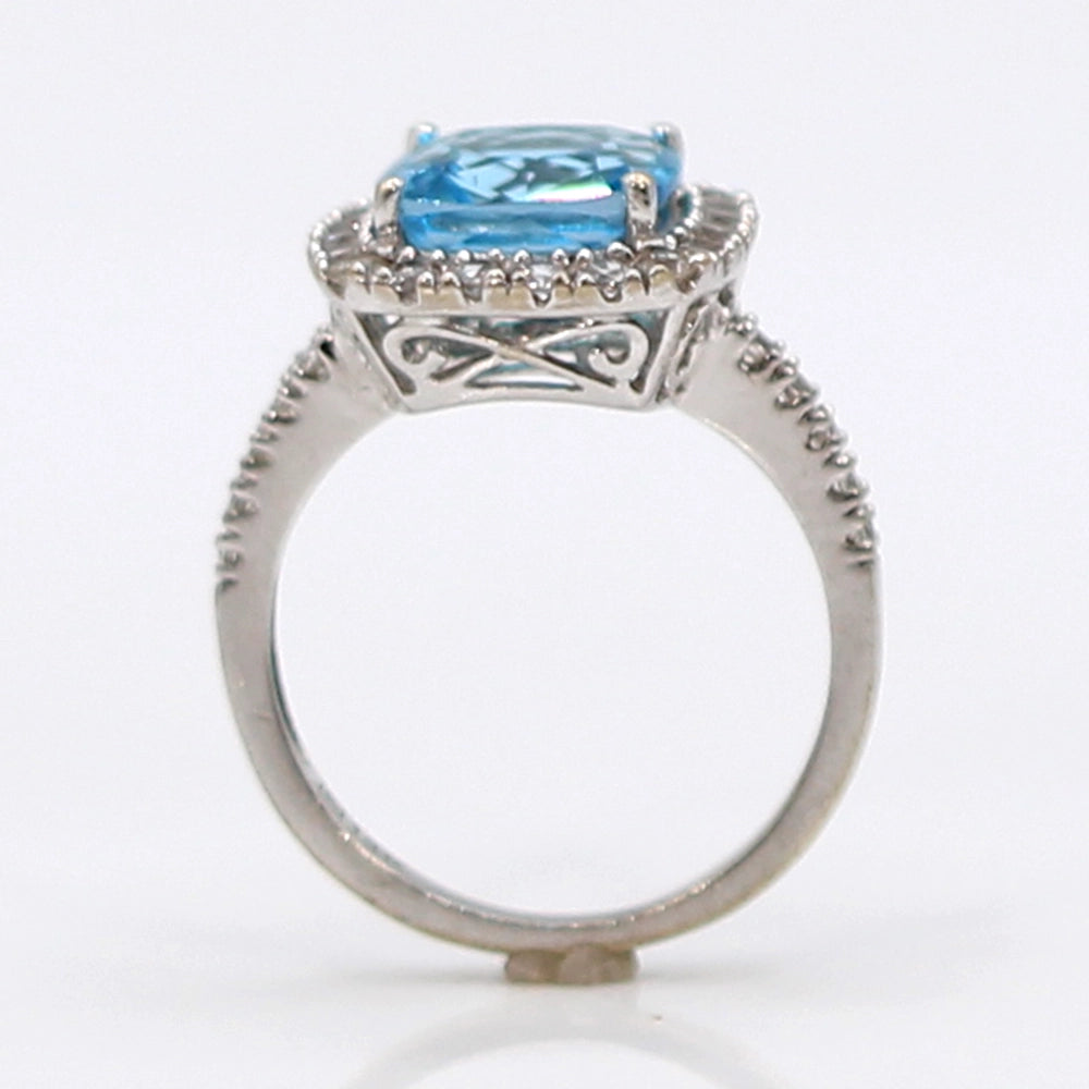 14K White Gold Swiss Blue Topaz Halo Ring SIZE 6.25