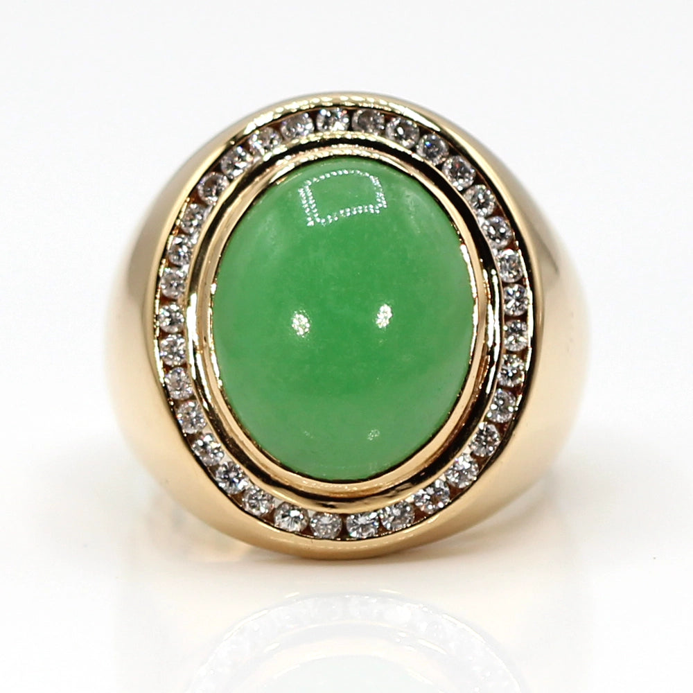 14K Yellow Gold Apple Green Jade and Diamond Gents Ring SIZE 13