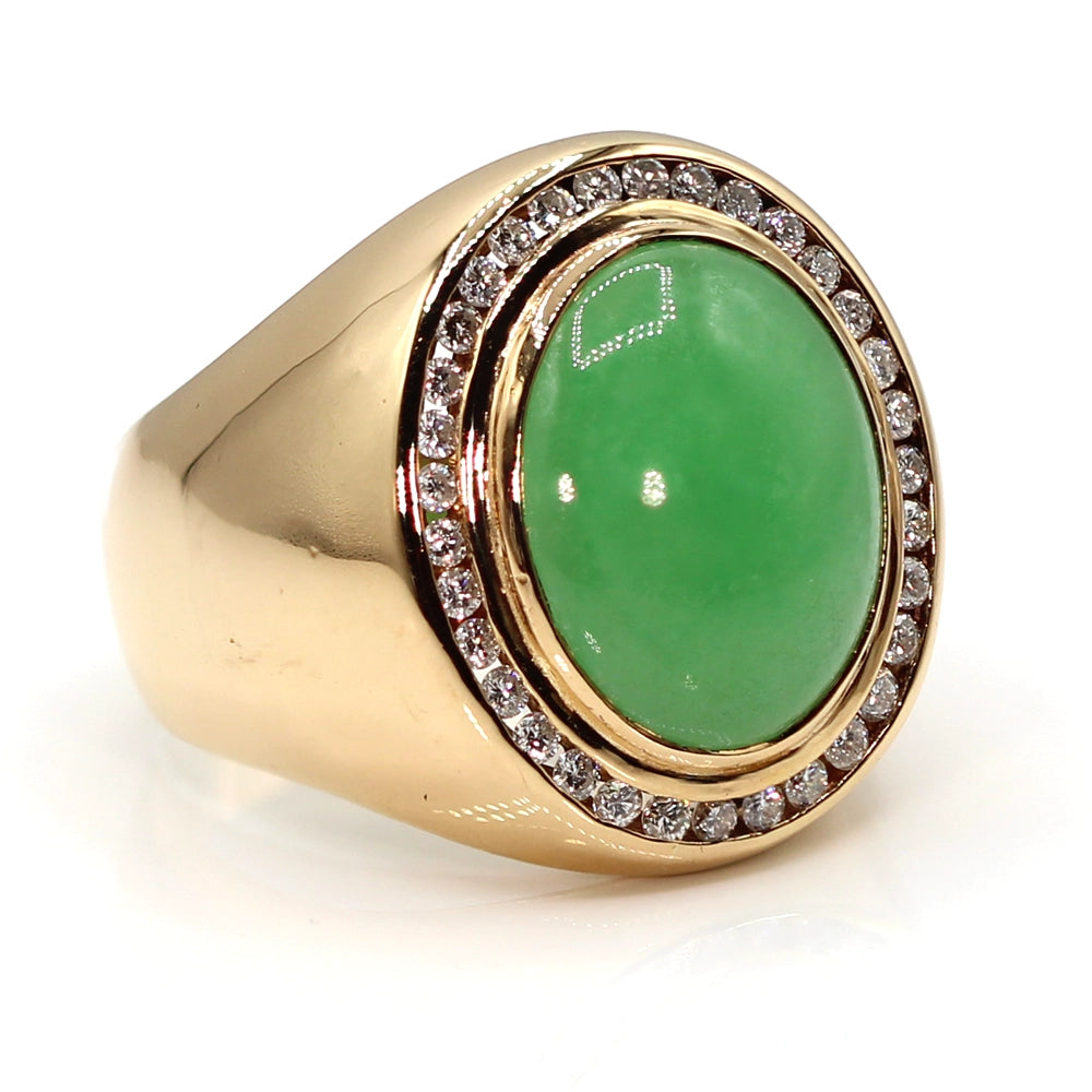14K Yellow Gold Apple Green Jade and Diamond Gents Ring SIZE 13