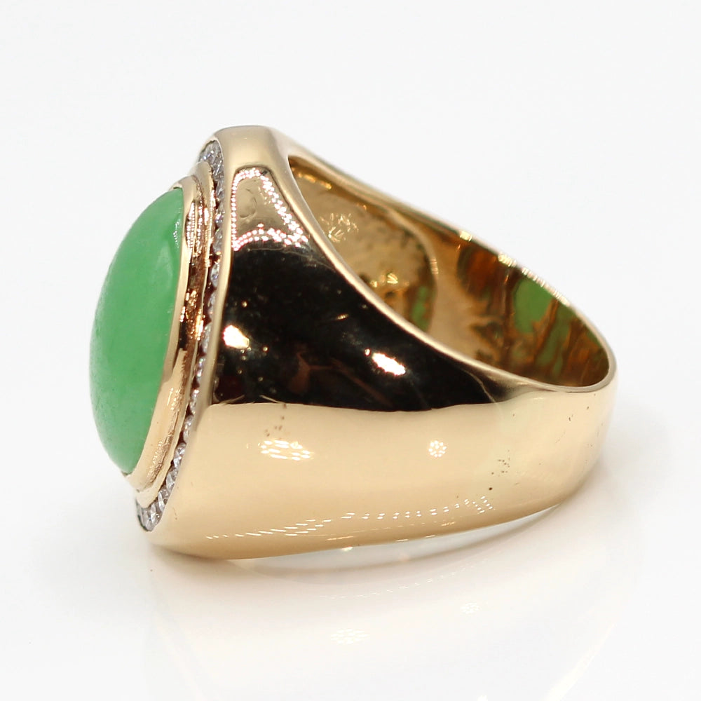 14K Yellow Gold Apple Green Jade and Diamond Gents Ring SIZE 13