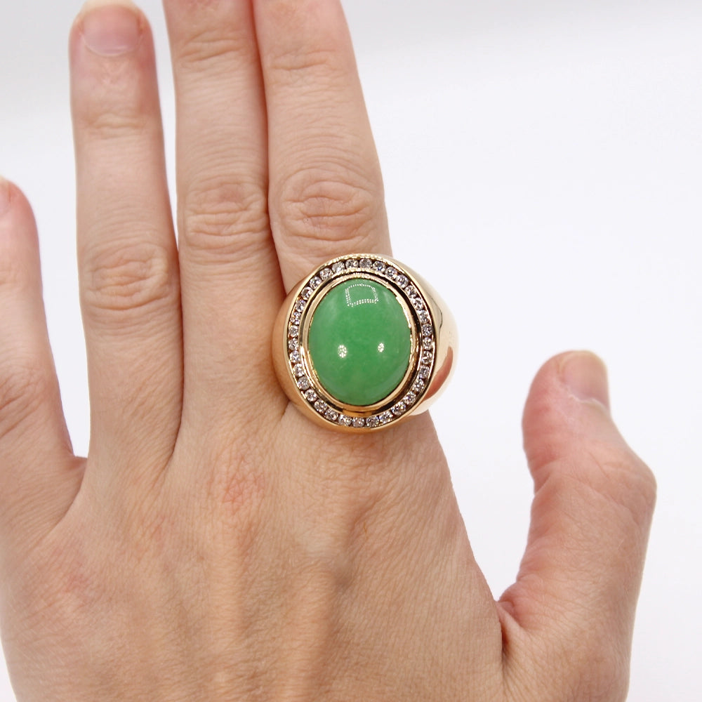 14K Yellow Gold Apple Green Jade and Diamond Gents Ring SIZE 13