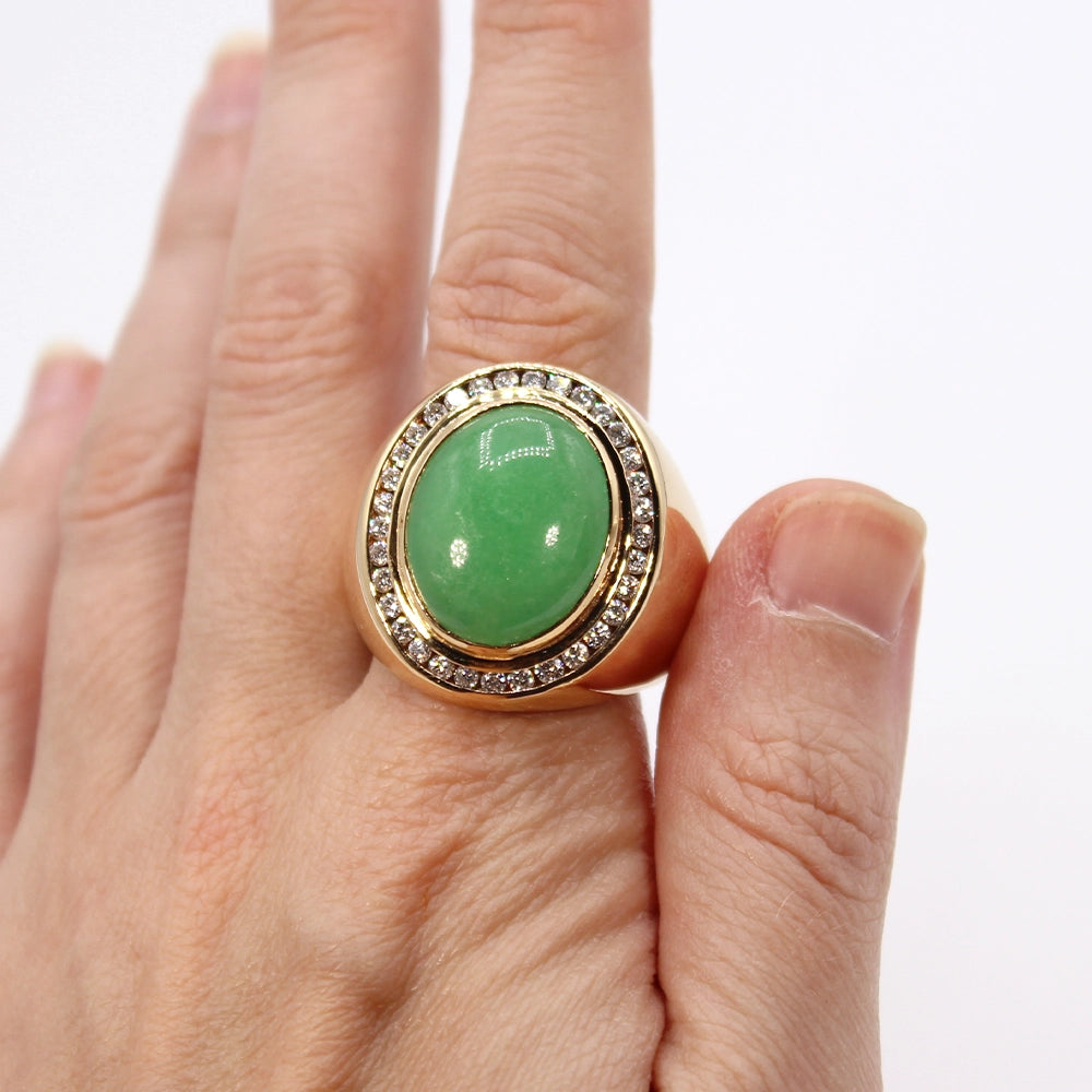 14K Yellow Gold Apple Green Jade and Diamond Gents Ring SIZE 13