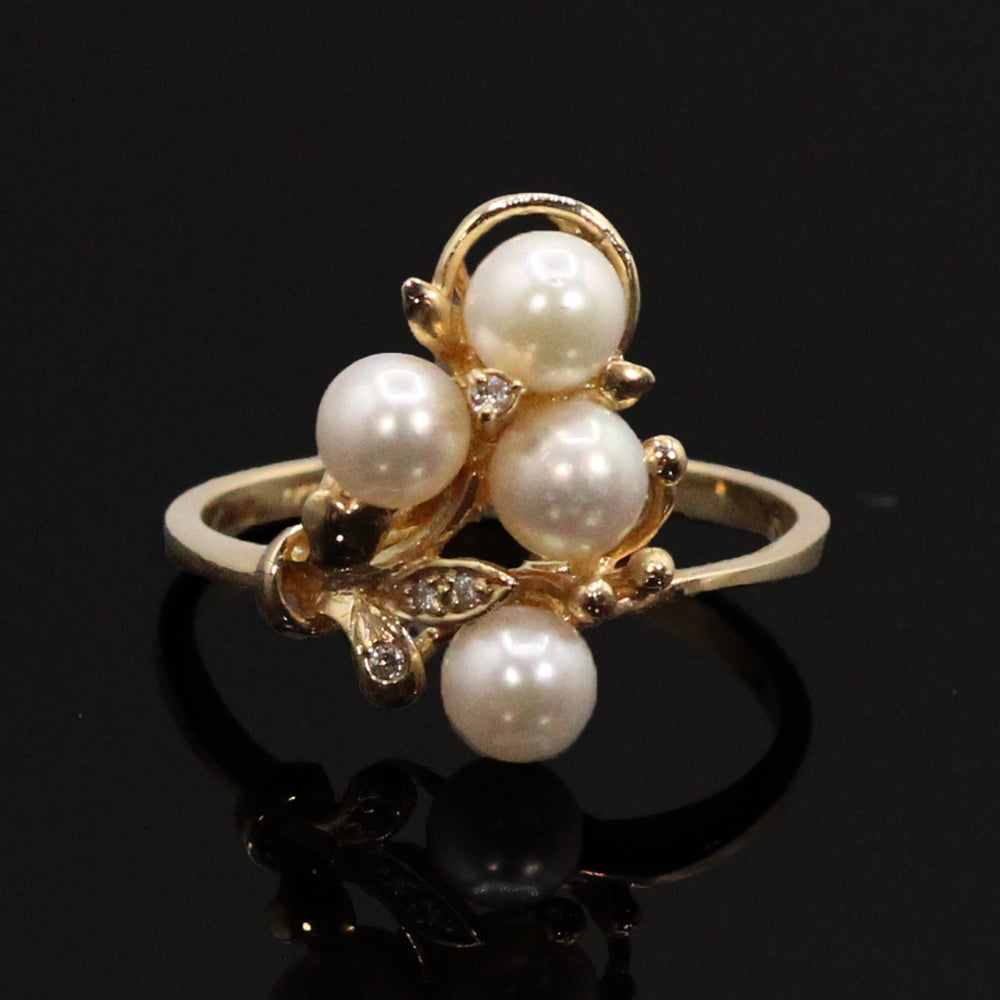Vintage 14K Yellow Gold Pearl and Diamond Cluster Ring SIZE 6