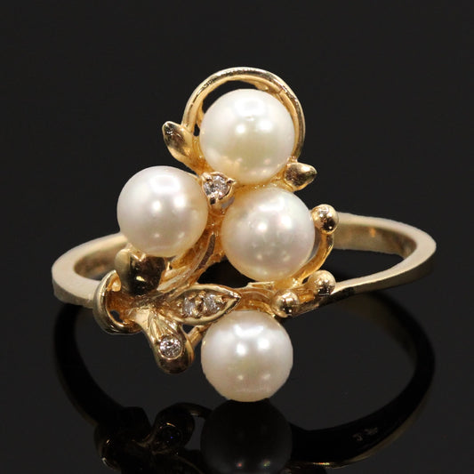 Vintage 14K Yellow Gold Pearl and Diamond Cluster Ring SIZE 6