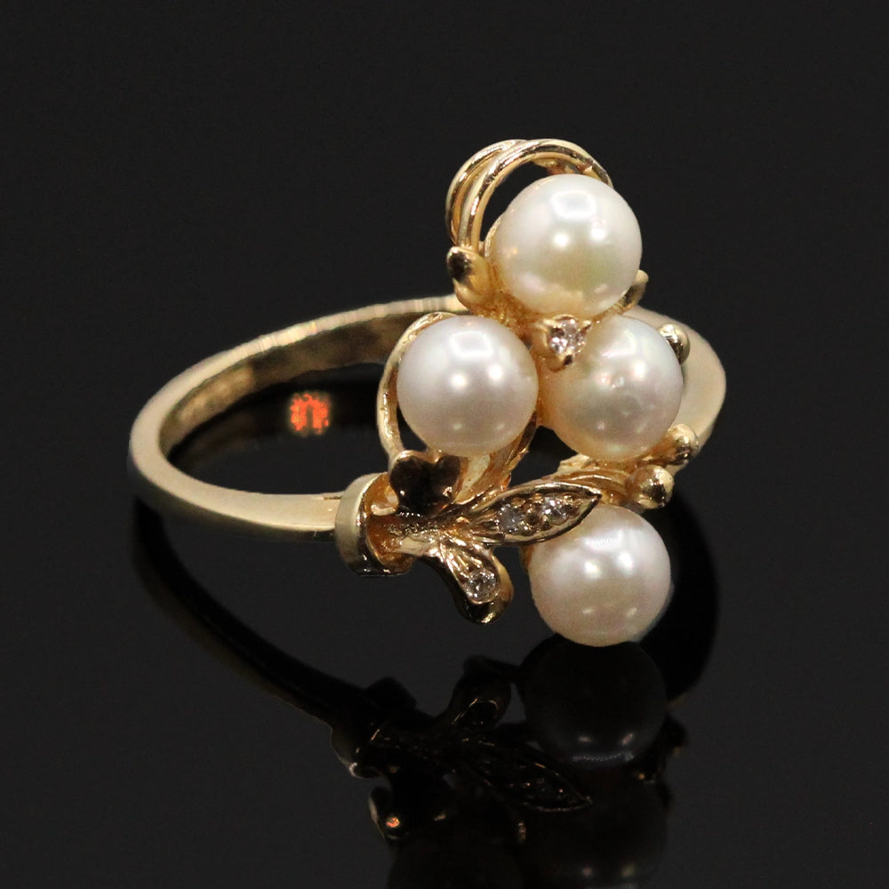 Vintage 14K Yellow Gold Pearl and Diamond Cluster Ring SIZE 6