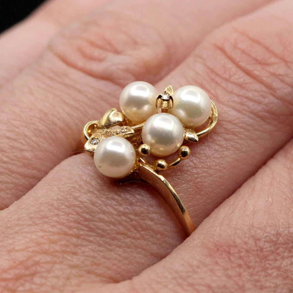 Vintage 14K Yellow Gold Pearl and Diamond Cluster Ring SIZE 6