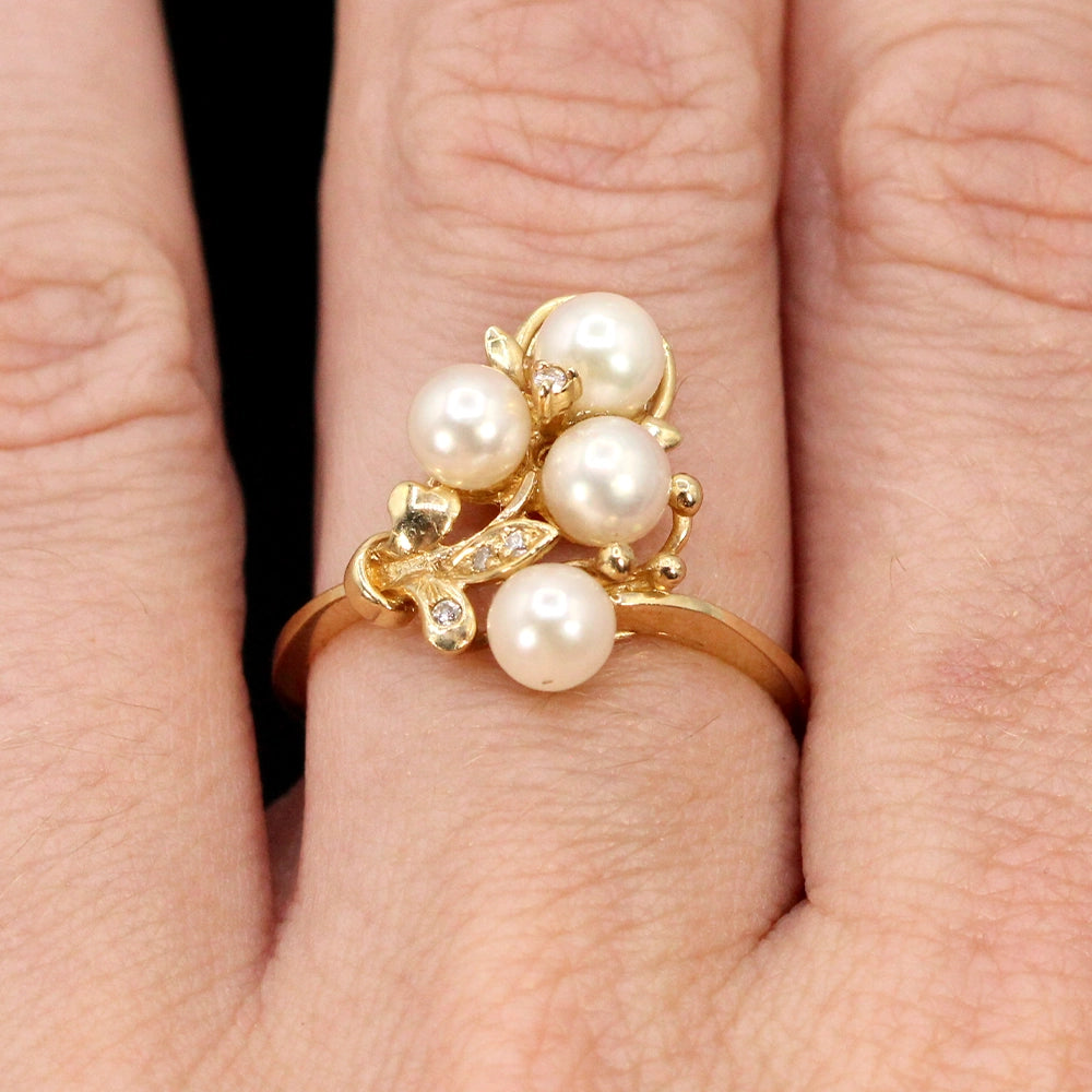 Vintage 14K Yellow Gold Pearl and Diamond Cluster Ring SIZE 6