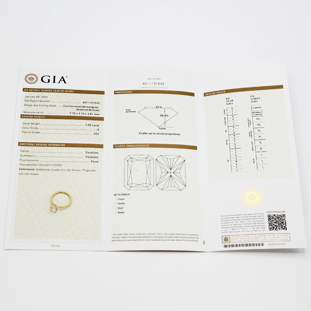 14K Yellow Gold and 1.50 carat Radiant Cut Diamond Engagement Ring with GIA Papers SIZE 6
