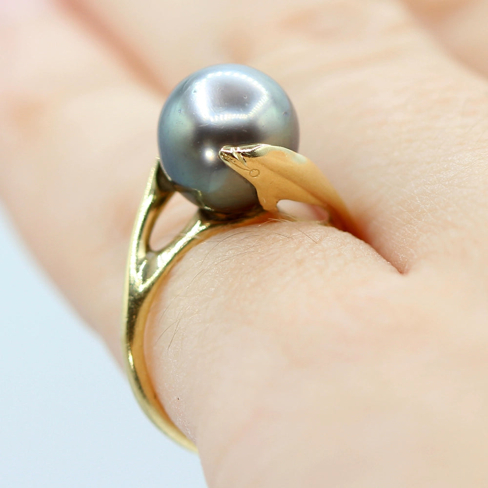 14K Yellow Gold and Tahitian Silver Pearl Dolphin Ring SIZE 3