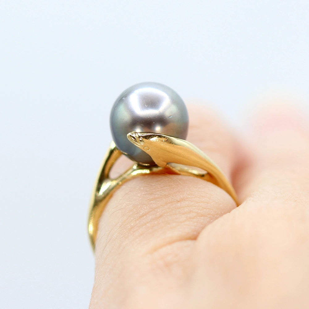14K Yellow Gold and Tahitian Silver Pearl Dolphin Ring SIZE 3