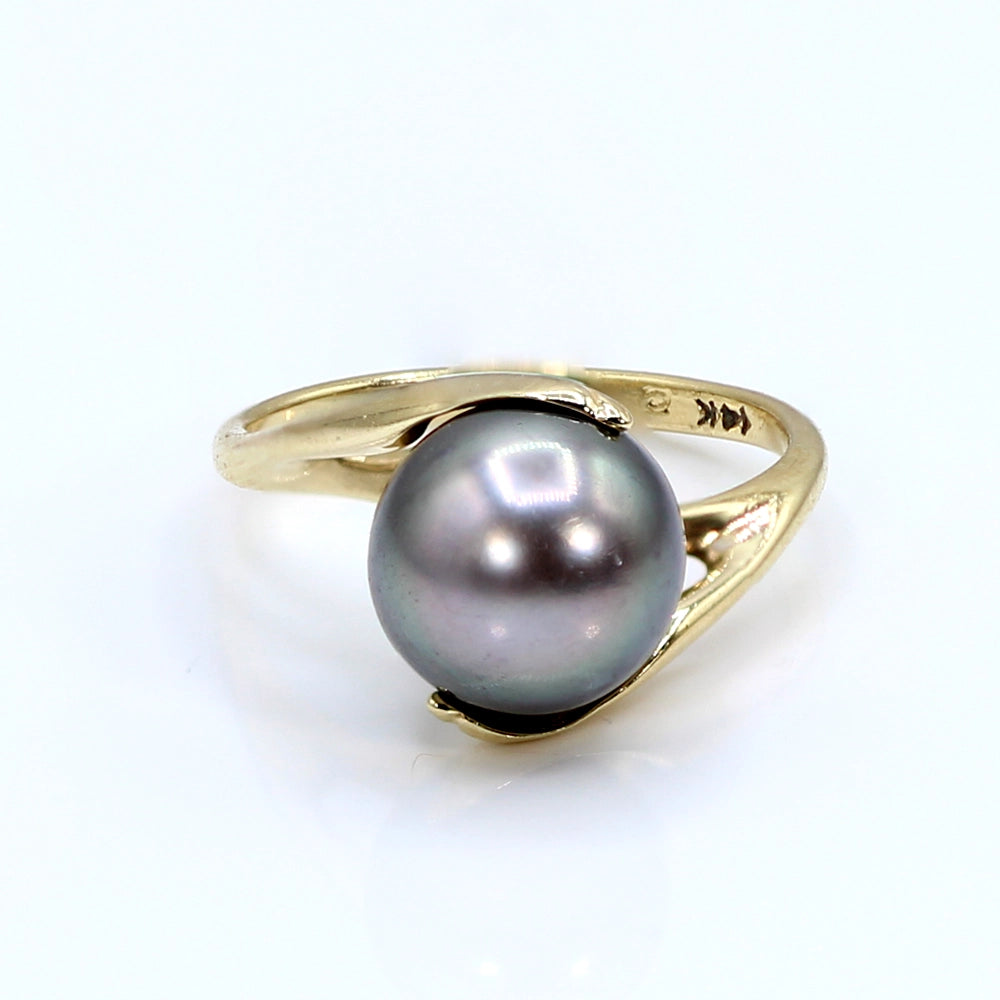 14K Yellow Gold and Tahitian Silver Pearl Dolphin Ring SIZE 3