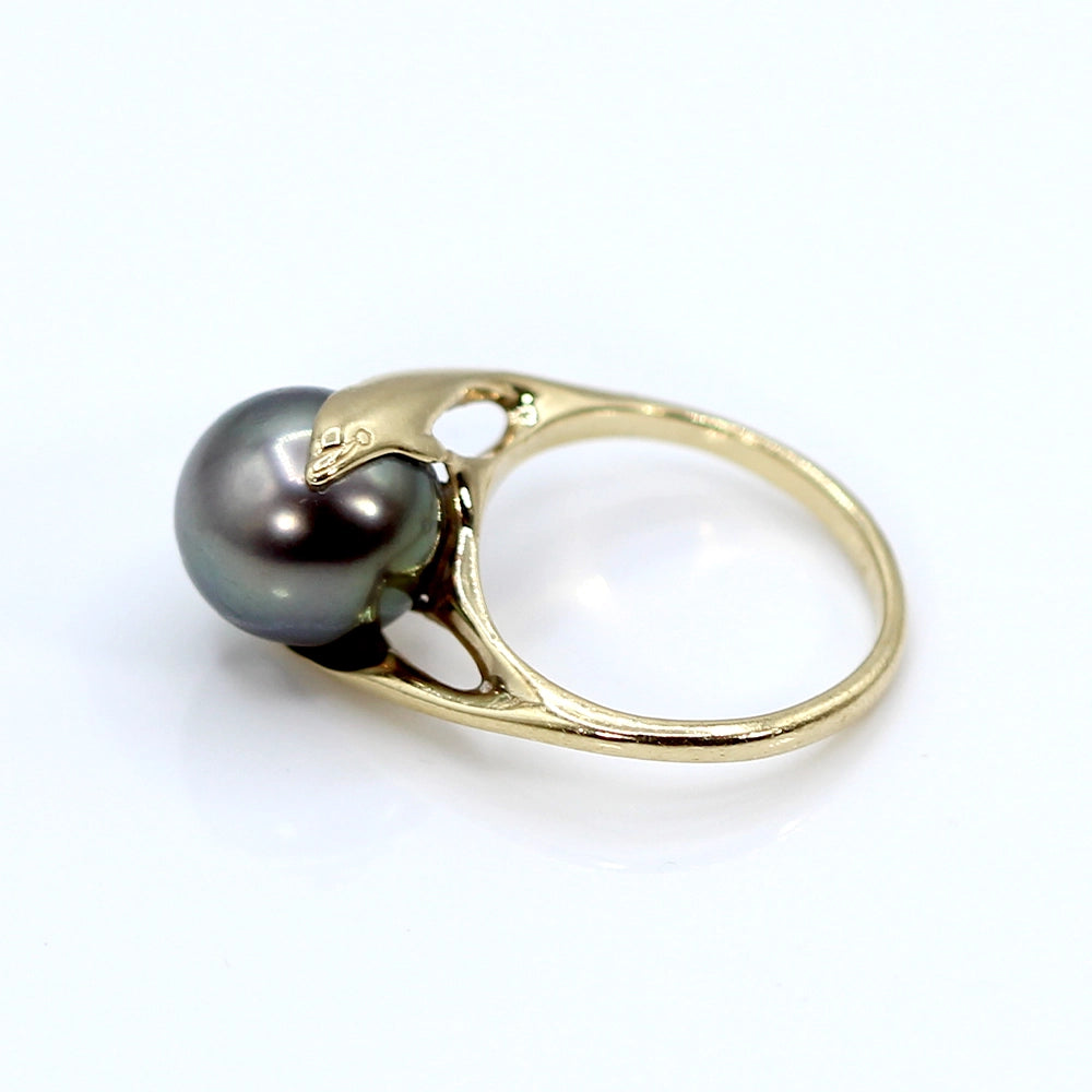 14K Yellow Gold and Tahitian Silver Pearl Dolphin Ring SIZE 3