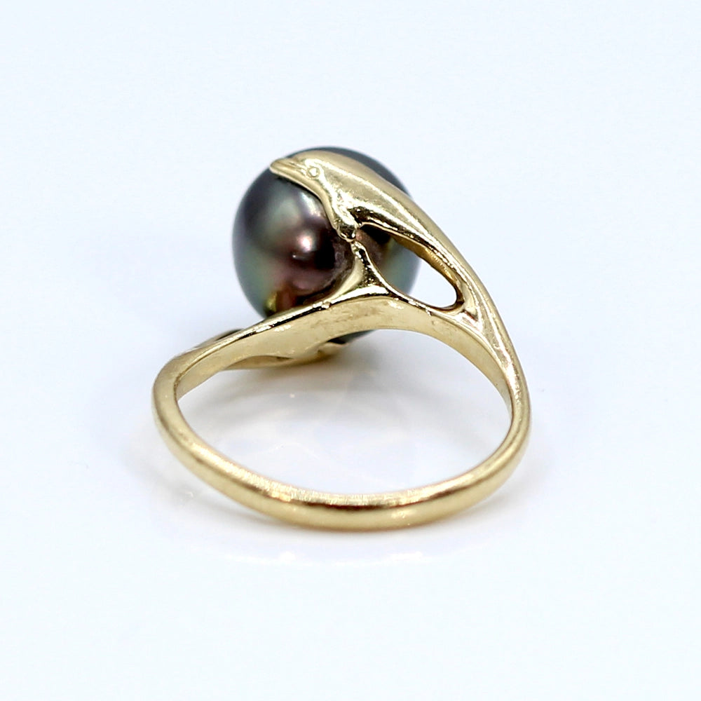 14K Yellow Gold and Tahitian Silver Pearl Dolphin Ring SIZE 3