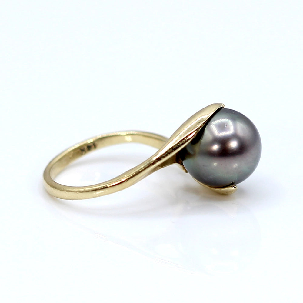 14K Yellow Gold and Tahitian Silver Pearl Dolphin Ring SIZE 3
