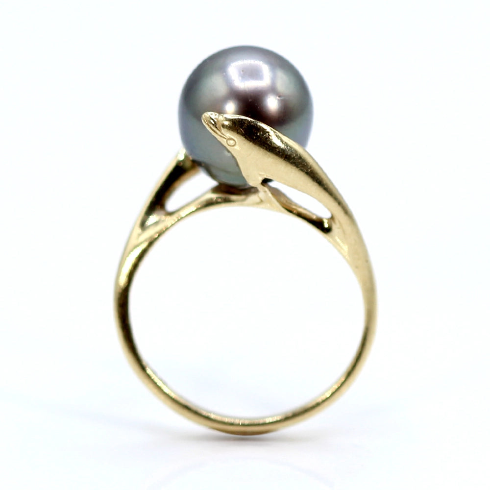 14K Yellow Gold and Tahitian Silver Pearl Dolphin Ring SIZE 3