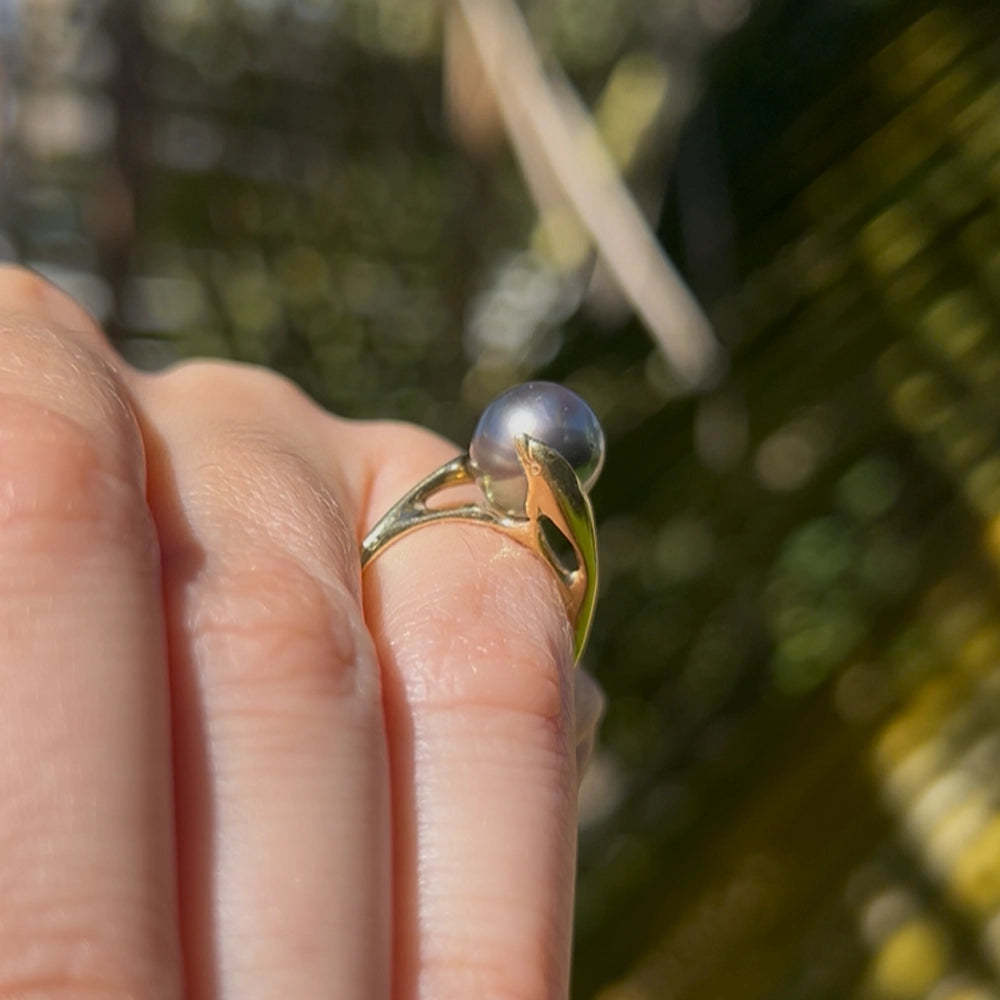 14K Yellow Gold and Tahitian Silver Pearl Dolphin Ring SIZE 3