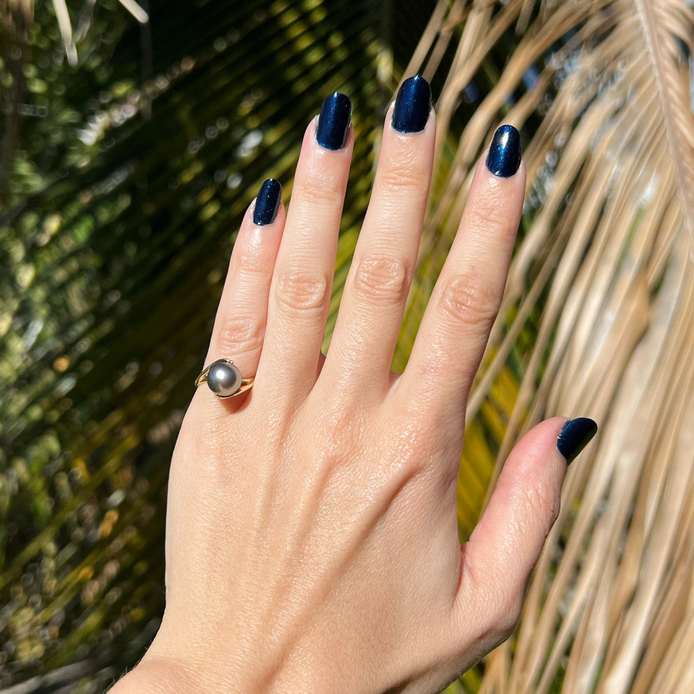 14K Yellow Gold and Tahitian Silver Pearl Dolphin Ring SIZE 3