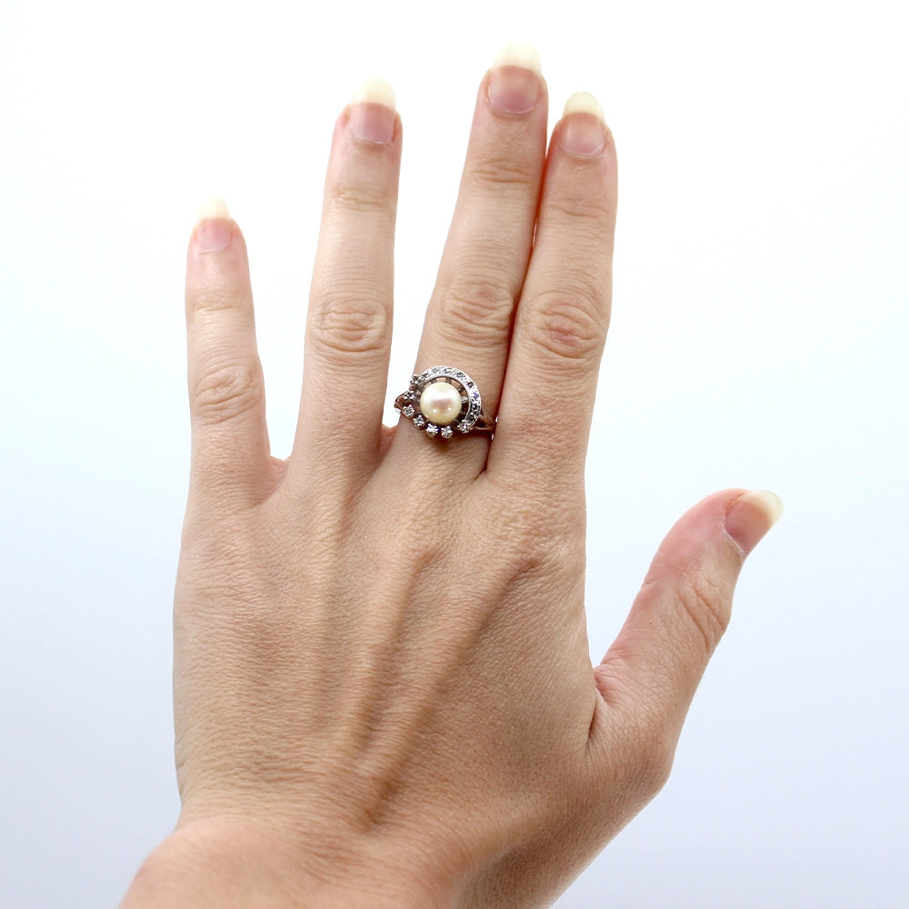 Celestial 14K White Gold Cultured Pearl and Diamond Ring SIZE 6.75