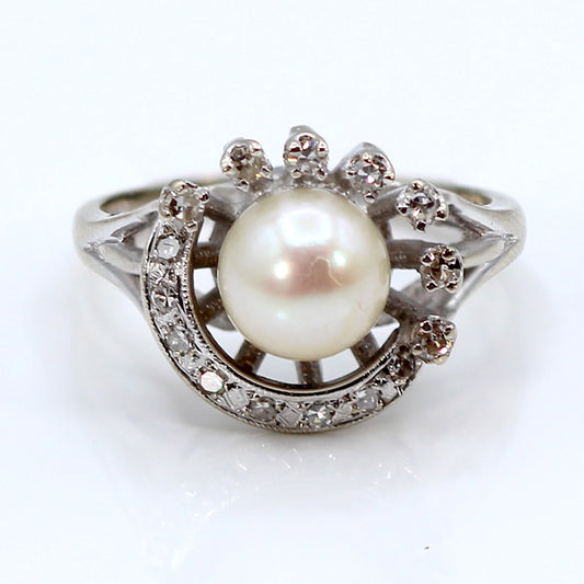Celestial 14K White Gold Cultured Pearl and Diamond Ring SIZE 6.75