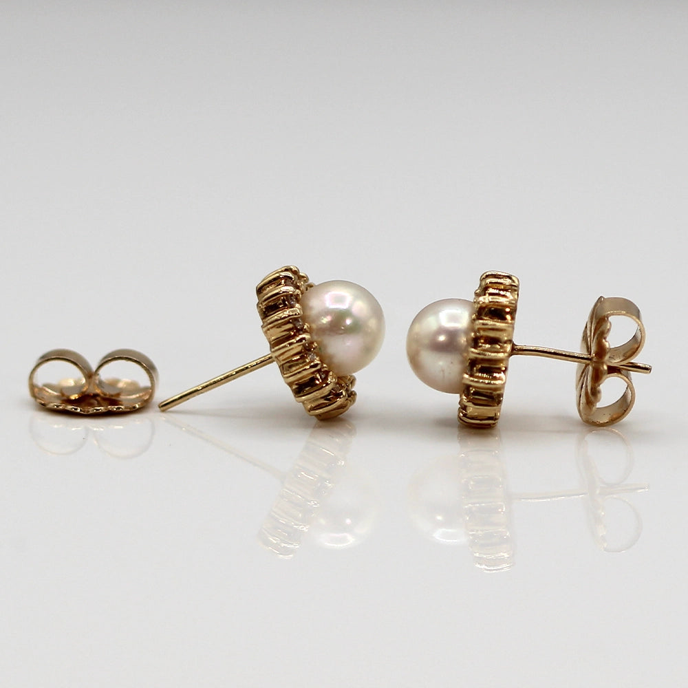 14K Yellow Gold, Pearl and Diamond Halo Stud Earrings
