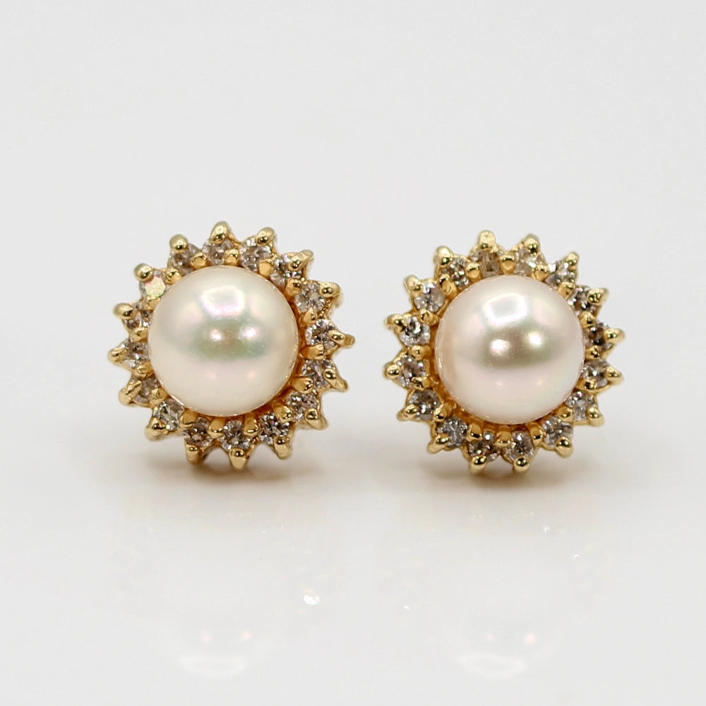 14K Yellow Gold, Pearl and Diamond Halo Stud Earrings