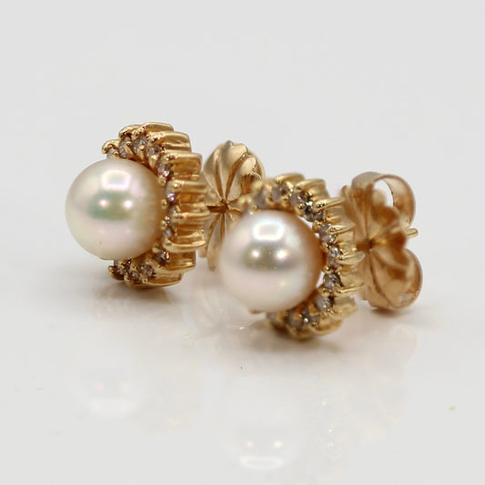 14K Yellow Gold, Pearl and Diamond Halo Stud Earrings