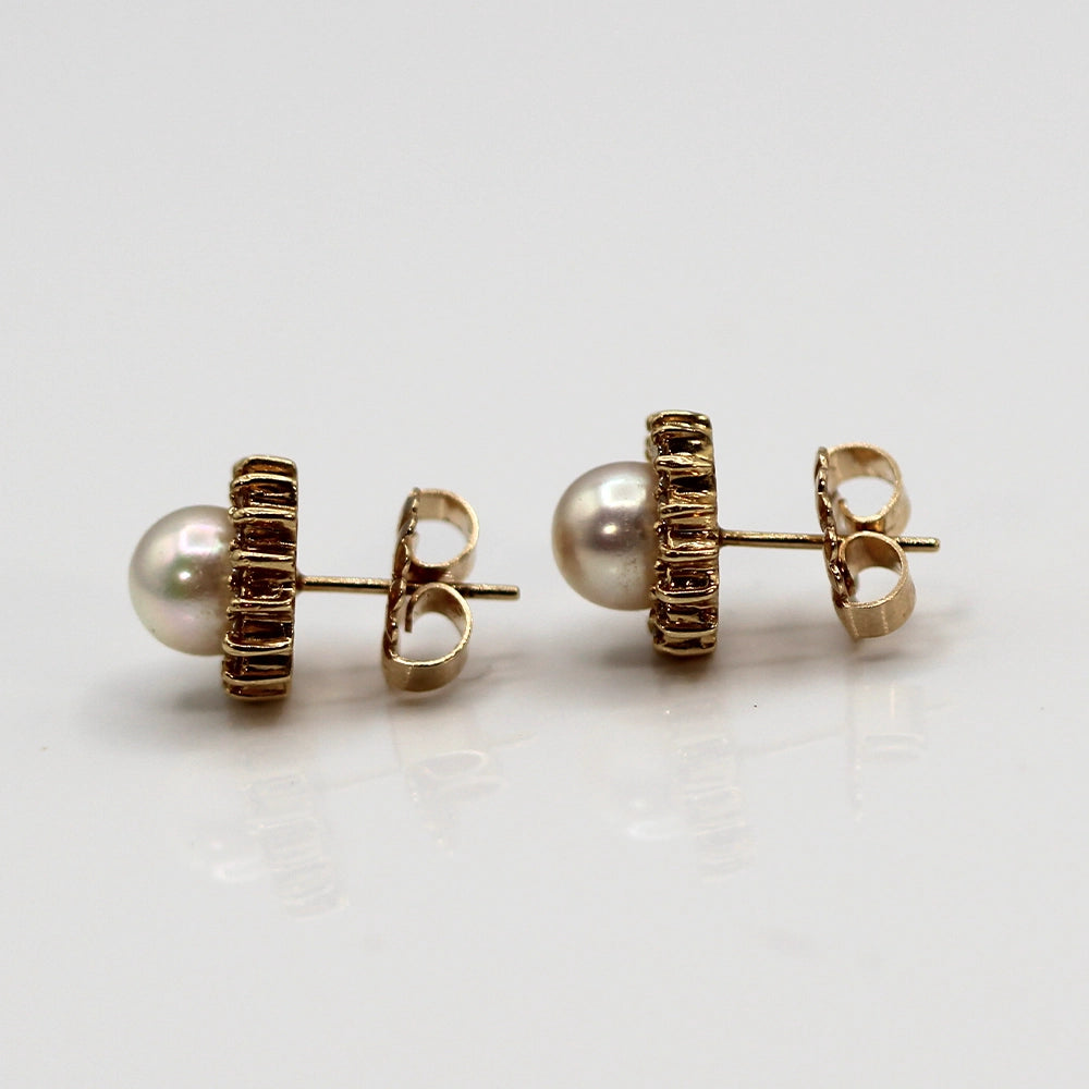 14K Yellow Gold, Pearl and Diamond Halo Stud Earrings